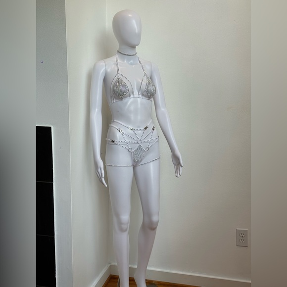 White AB Rhinestone 4 Piece Lingerie Set Bikini XS, D Cup, Festival, Rave, Dance - Picture 4 of 13